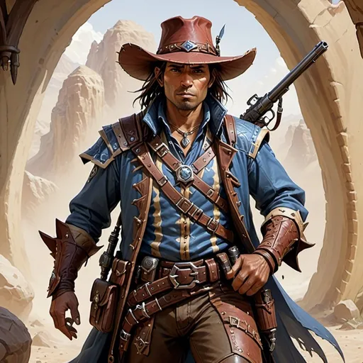 Prompt: pathfinder 2e style 40 year old male human gunslinger