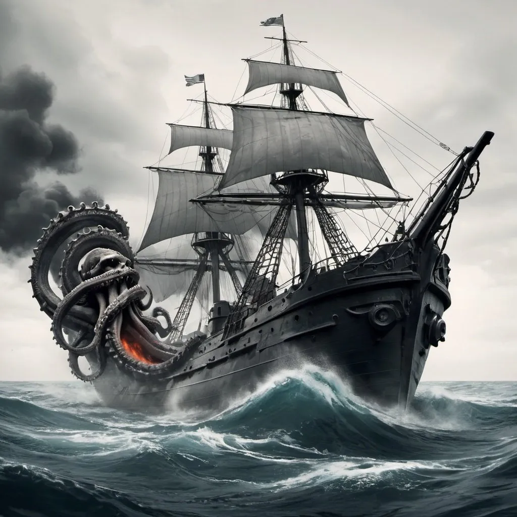 Prompt: I want a tattoo design using only black ink for my arm. At the bottom around the wrist and forearm should be the bottom of the ocean with shipwrecks. Moving up and coming to the surface if the water at the bottom of the bicep should be the kraken breaking the surface of the water (also able to see the kraken under the water) attacking a wooden warship. The warship needs to be firing its cannon through one of the krakens tentacles damaging it