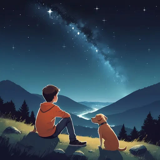 Prompt: A boy watchin stars in hills sitting with his dog illustration 