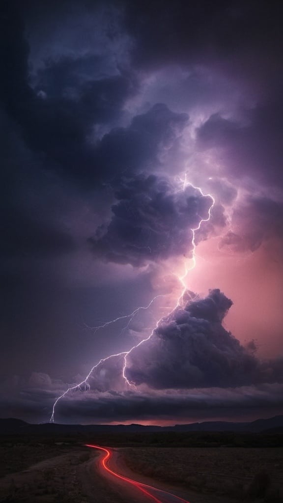 Prompt: "Create an image of a powerful red and purple lightning bolt cutting through a night sky filled with swirling, menacing clouds. The clouds should have a mix of black, grey, and deep blue hues, with the lightning illuminating the scene with an eerie glow. The overall mood should be cinematic and mystical, with a cold undertone. Include small, distant figures or structures at the bottom for scale. Use colors like red, purple, black, blue, and white