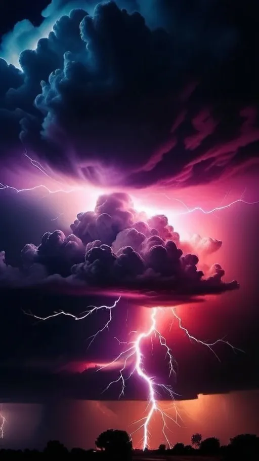 Prompt: "Create an image of a powerful red and purple lightning bolt cutting through a night sky filled with swirling, menacing clouds. The clouds should have a mix of black, grey, and deep blue hues, with the lightning illuminating the scene with an eerie glow. The overall mood should be cinematic and mystical, with a cold undertone. Include small, distant figures or structures at the bottom for scale. Use colors like red, purple, black, blue, and white