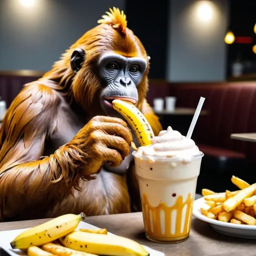 Prompt: A chiken eating an monky whit fries on the side And an banana milkshake 4k