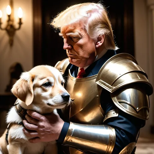 Prompt: (paladin armor Donald Trump), lovingly embracing a wounded puppy, heroic pose, evokes compassion, dynamic lighting highlighting the armor's shine, warm tones enveloping the scene, detailed textures on the armor, soft focus on the puppy's features, rich contrast between armor and furry texture, emotional depth, poignant atmosphere, ultra-detailed, 4K, cinematic quality.
