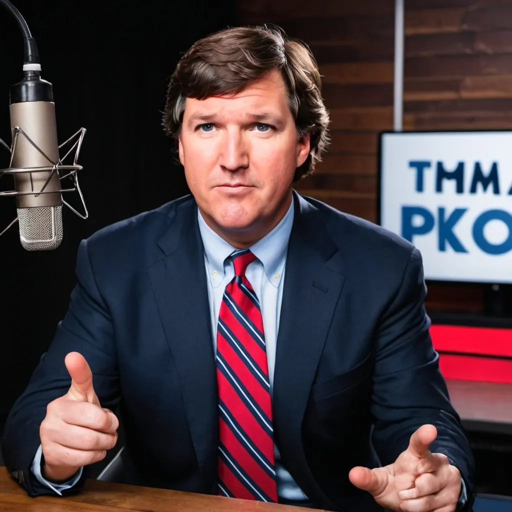 Prompt: Create an image of Tucker Carlson in a podcast studio with Tim Pool