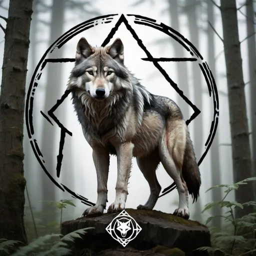 Prompt: Wolf in the wild with therian symbol 