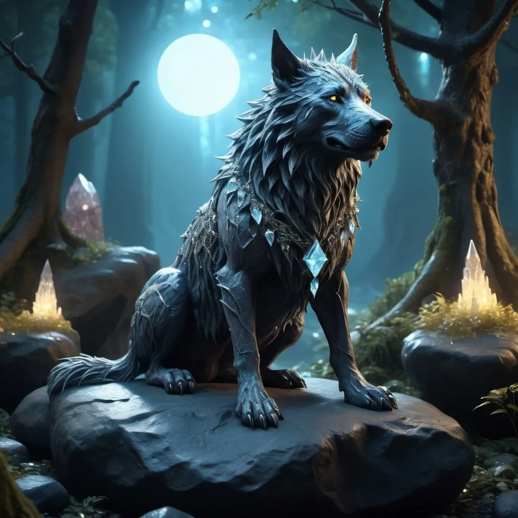 Prompt: A Barghest sitting on a rock,3D fantasy character avatar, intricate design, enchanted forest setting, magical glowing crystals, ethereal and mystical atmosphere, high quality, 4k, ultra-detailed, fantasy, 3D rendering, intricate details, magical glow, mystical, enchanted forest, professional, atmospheric lighting