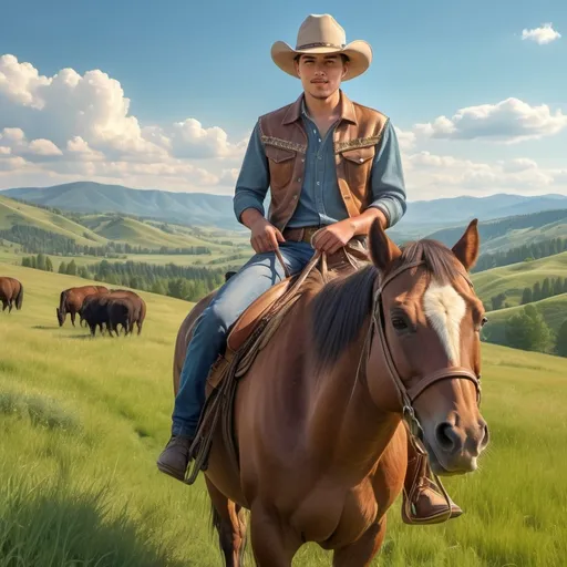 Prompt: birthday wishes, (young man) in cowboy hat, (riding a horse), beautiful countryside, (blue sky), (green hills), bison in the background, (ethereal) and (mystical atmosphere), intricate design, (high quality), (4K), (ultra-detailed), (3D rendering), intricate details, enchanting landscape, soft sunlight casting warm tones, vibrant colors blending harmoniously, serene mid-afternoon light.