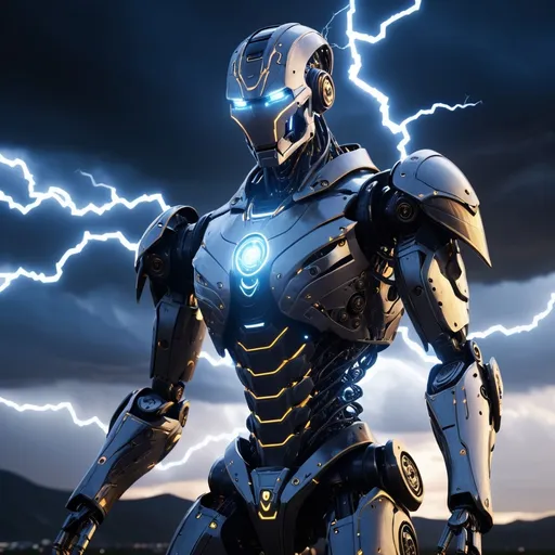 Prompt: (3D fantasy character robot), intricately designed, futuristic armor and tech features, electric energy channels, set against a dramatic backdrop of a pitch-black sky illuminated by bright, flashing lightning, (high quality, 4K), showcasing stunning clarity and intricate details in the robot’s design, a sense of dynamic movement and energy in the atmosphere, emphasizing the combination of modern technology and fantasy elements.