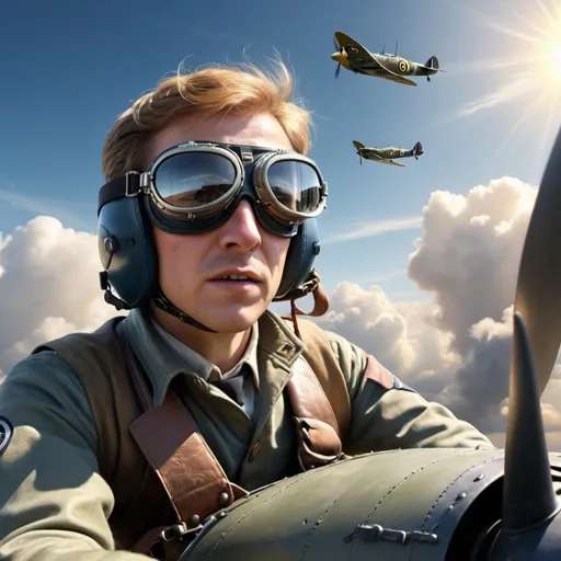 Prompt: (Heroic spitfire pilot wearing flight goggles flying), blue sunny sky, dramatic machine gunfire, 3D rendering, ultra-detailed, cinematic, vibrant skies, intense action, dramatic lighting, feeling of bravery and intensity, clouds scattered in the background, high-definition, realistic flight dynamics, masterful depiction of aviation, 4k resolution, precision-focused, capturing a sense of historical combat, stunning visual effects.