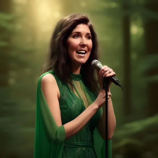 Prompt: <mymodel> exotic singer with microphone, beautiful green dress, mystical forest surround,  high quality, mystical, fantasy, ethereal atmosphere, nature-inspired colour palette, warm sunlight, atmospheric lighting