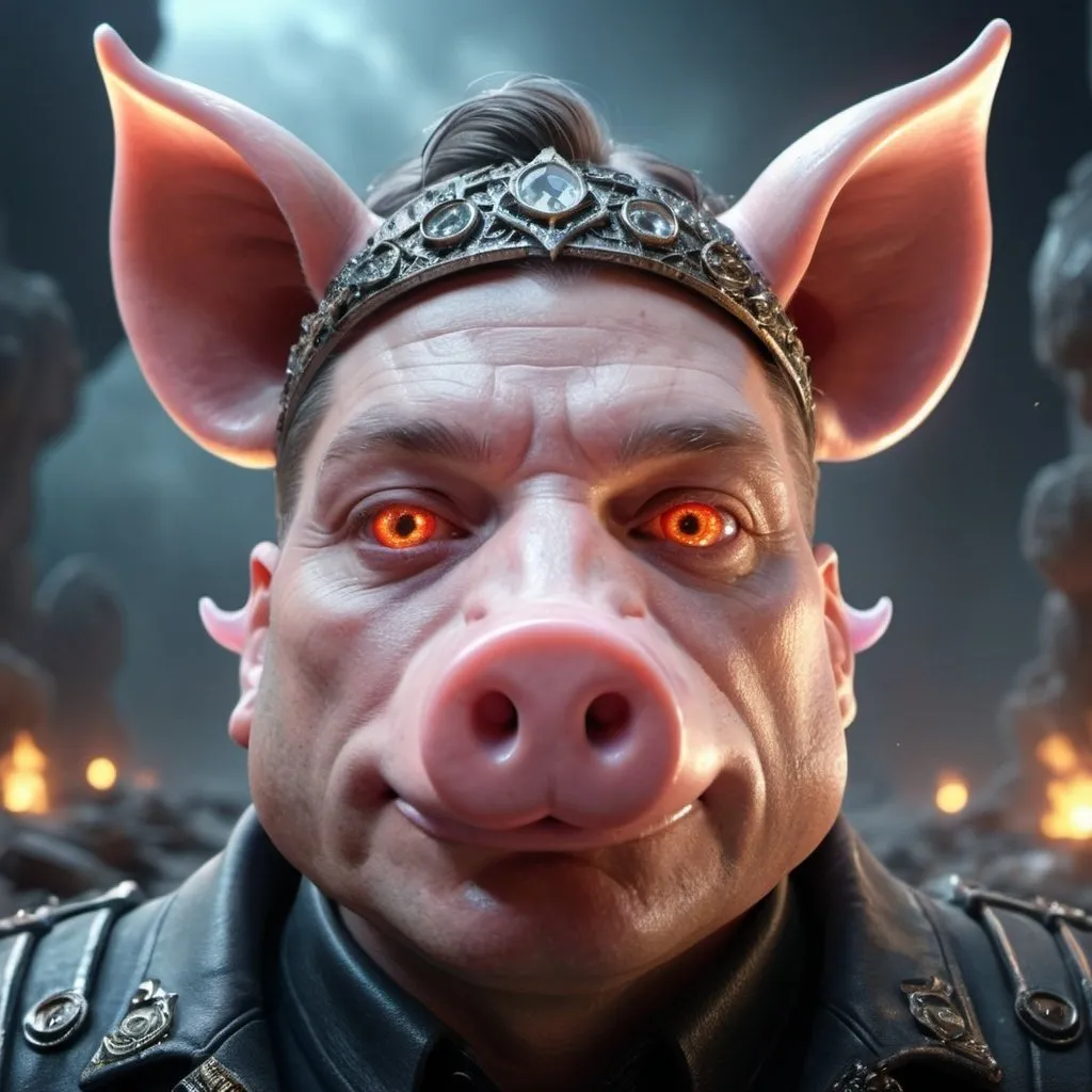 Prompt: 3D fantasy character evil avatar of Sir Keir Starmer with a piggy nose and piggy ears, apocalyptic bombsite background, intricate design, magical glowing crystals, ethereal and mystical atmosphere, 4K, ultra-detailed, fantasy, 3D rendering, intricate details, magical glow, mystical, atmospheric lighting, high quality