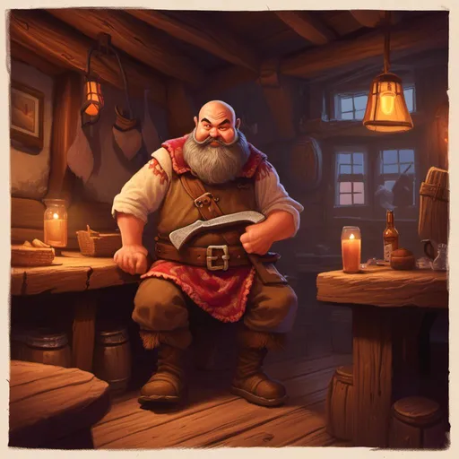 Prompt: <mymodel>dwarf character holding an axe in a tavern, fantasy character art, warm tones, detailed beard and facial features, wooden interiors, rustic atmosphere, high-quality, fantasy, illustration, DnD, detailed, warm tones, atmospheric lighting