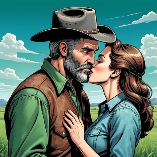 Prompt: Grey bearded Man, and Woman cowboys, romantic, kissing, green fields, blue sky, detailed, dark colors, dramatic, graphic novel illustration,  2d shaded retro comic book