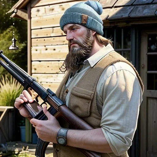 Prompt: For sale label, big unshaven man, holding a semi automatic shotgun, rustic sunny country garden, high quality, detailed bobble hat, quaint setting, atmospheric lighting, detailed, rustic, sunny, shotgun, big man, unshaven, for sale label, semi automatic, quaint, country garden, detailed bobble hat, atmospheric lighting