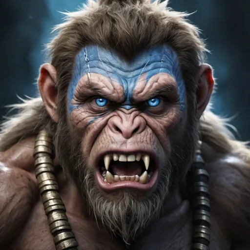 Prompt: High-res digital painting of an angry monkey warrior with piercing blue eyes and a rugged beard, fierce warrior stance, detailed fur and intense expression, fantasy art, vibrant colors, dramatic lighting