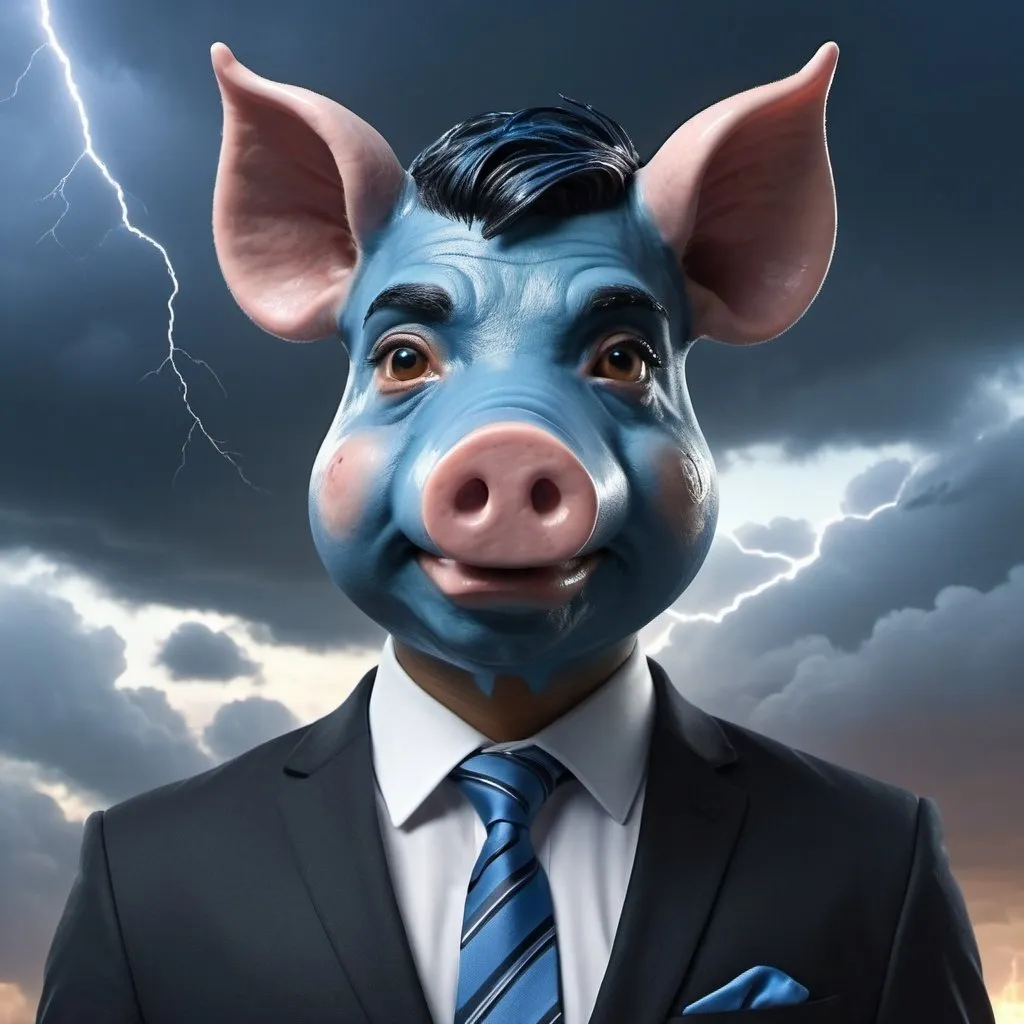 Prompt: 3D fantasy character evil avatar of Rishi Sunak in a suit, with a piggy nose replacing human nose and piggy ears replacing human ears, wearing a blue tie, apocalyptic bombsite background, cloudy and thundery sky, lightning, intricate design, ethereal and mystical atmosphere, 4K, ultra-detailed, fantasy, 3D rendering, intricate details, magical glow, mystical, atmospheric lighting, high quality