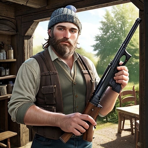 Prompt: Big unshaven man, holding a big shotgun, with a for sale label tied to it, rustic, sunny country garden, high quality, detailed bobble hat, quaint setting, atmospheric lighting