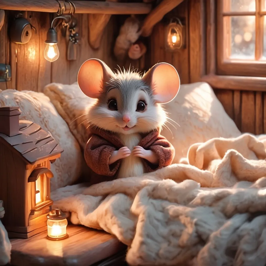 Prompt: Cuddly mouse in rustic cottage, cozy bed, warm lighting, detailed fur, quaint, high quality, cottagecore, cozy atmosphere, small scale, detailed woodwork, warm tones, charming