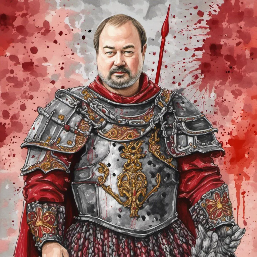 Prompt: <mymodel>digital watercolor painting, a man wearing intricate mediaeval armour, paint splatter, black and red, bold brush strokes, art nouveau