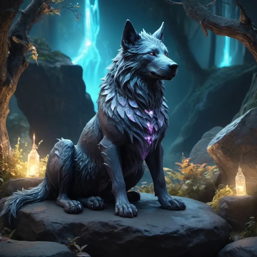 Prompt: A Barghest sitting on a rock,3D fantasy character avatar, intricate design, enchanted forest setting, magical glowing crystals, ethereal and mystical atmosphere, high quality, 4k, ultra-detailed, fantasy, 3D rendering, intricate details, magical glow, mystical, enchanted forest, professional, atmospheric lighting