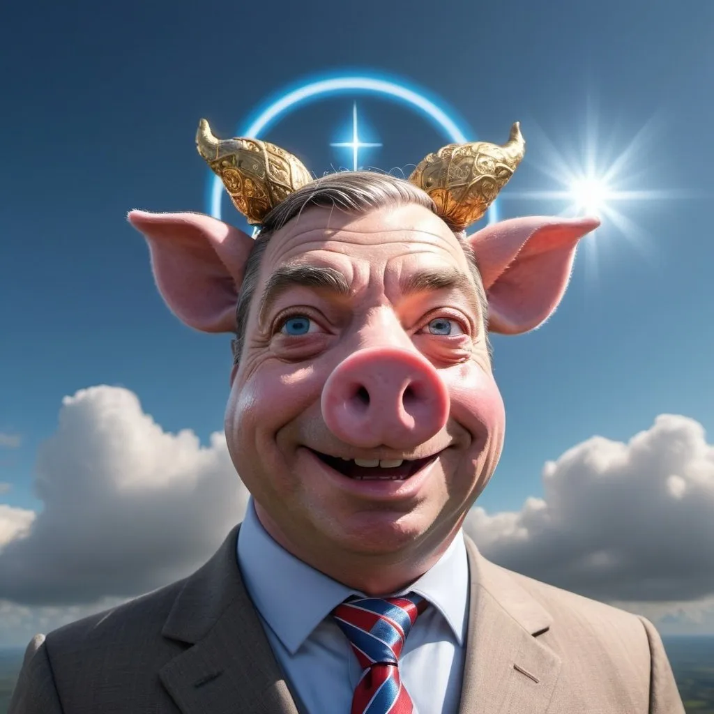 Prompt: Saintly avatar 3D fantasy character of Nigel Farage in a suit, with a piggy nose replacing human nose and piggy ears replacing human ears, a halo over his head, wearing a blue and red tie, sunnt blue sky background, intricate design, ethereal and mystical atmosphere, 4K, ultra-detailed, fantasy, 3D rendering, intricate details, magical glow, mystical, atmospheric lighting, high quality