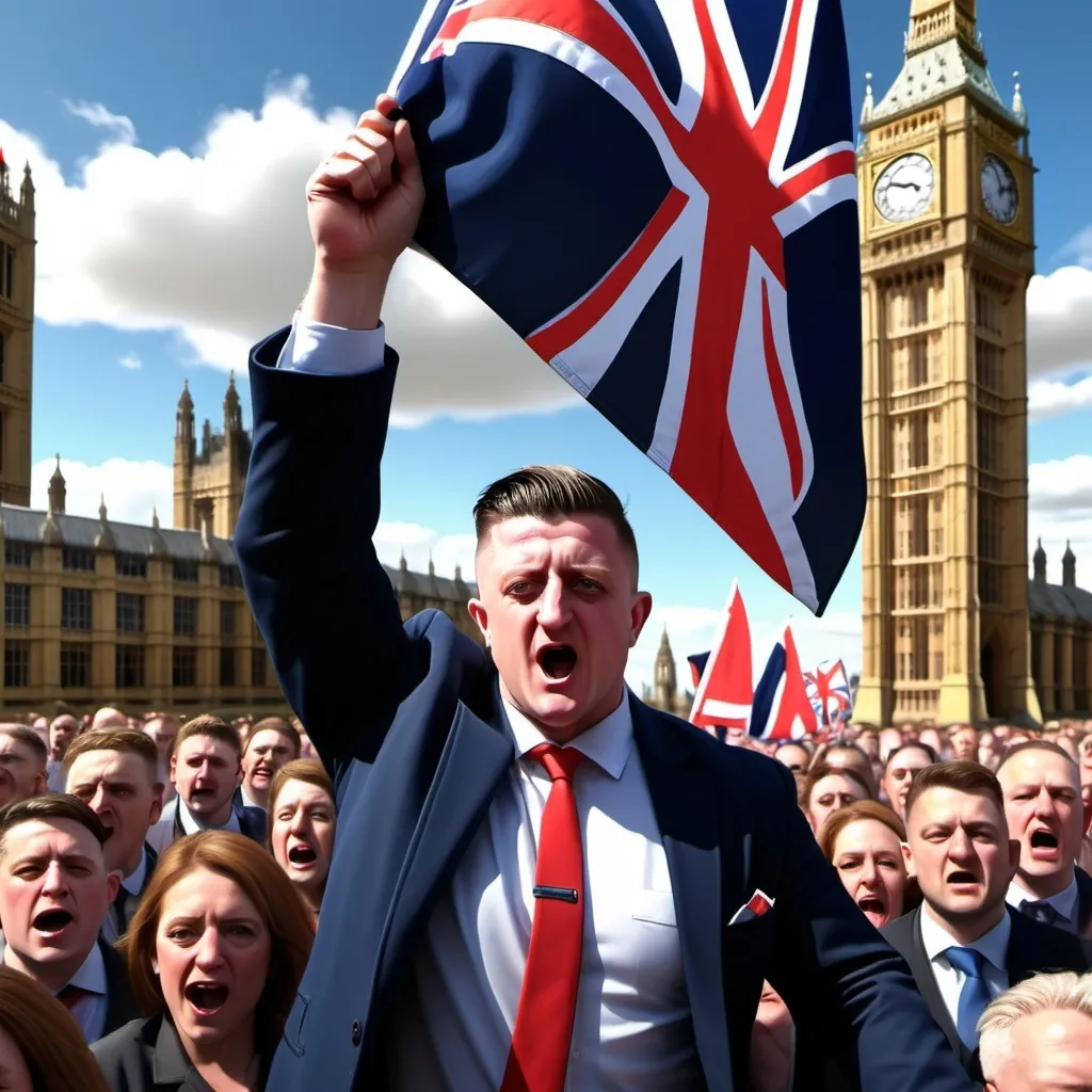 Prompt: Heroic caricature of Tommy Robinson, waving union jack flag, mixed crowds of women and men, houses of parliament and blue sky in a city background, 3D rendering, ultra-detailed, 4K, dramatic lighting, high quality, professional, intense shadows and highlights, cinematic colours, bright and dramatic environment, hyper-realistic background, meticulously crafted details, in high definition.