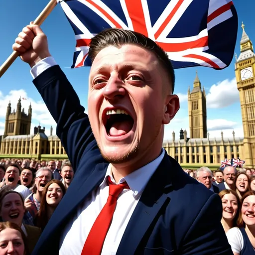 Prompt: Heroic caricature of Tommy Robinson, waving union jack flag, mixed crowds of happy women and men, houses of parliament and blue sky in a city background, 3D rendering, ultra-detailed, 4K, dramatic lighting, high quality, professional, intense shadows and highlights, cinematic colours, bright and dramatic environment, hyper-realistic background, meticulously crafted details, in high definition.