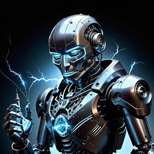 Prompt: (3D fantasy character robot), wearing a surgical face mask, carrying hypodermic needle in hand, intricately designed, futuristic armour and tech features, electric energy channels, set against a dramatic backdrop of a pitch-black sky illuminated by bright, flashing lightning, (high quality, 4K), showcasing stunning clarity and intricate details in the robot’s design, a sense of dynamic movement and energy in the atmosphere, emphasizing the combination of modern technology and fantasy elements.