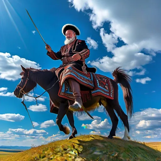 Prompt: <mymodel> A (Russian Cossack) Riding a Russian Don, riding through Russian steppes, waving his sword in the air, sunlight casting a vibrant glow, (3D fantasy character avatar) intricately designed, set against a backdrop of a brilliant blue sky, evoking a (calm and peaceful) ambiance, incredibly detailed, (high quality, 4K) resolution, capturing every nuance with stunning clarity. 