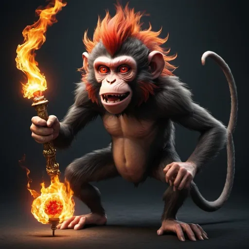 Prompt: an insane monkey holding a flaming torch with piercing red eyes straggly hair, bow legs and skinny arms and tail on fire.