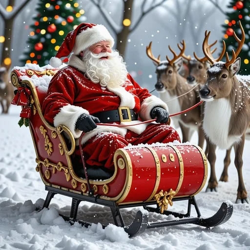 Prompt: (3D image of a jolly, fat, laughing Santa Claus), sitting in a colorful sleigh, pulled by cheerful reindeer, surrounded by a wintry snowy landscape, gentle snowfall, warm and inviting atmosphere, sparkling holiday lights, high definition, ultra-detailed, festive mood, soft cool tones against bright colors.