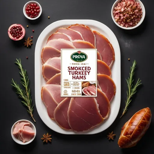Prompt: Create an image for a sophisticated package sliced turkey smoked ham and the brand name "Prova Ideal", with the images of roasted hams