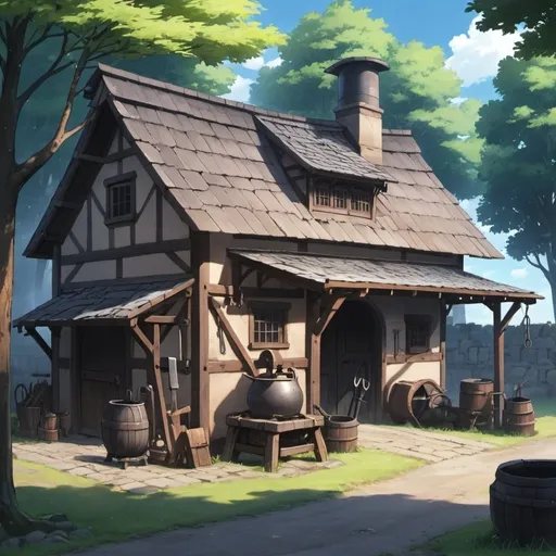 Prompt: Anime blacksmith building with a forge