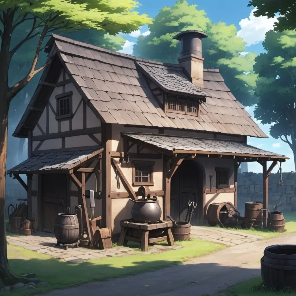 Prompt: Anime blacksmith building with a forge