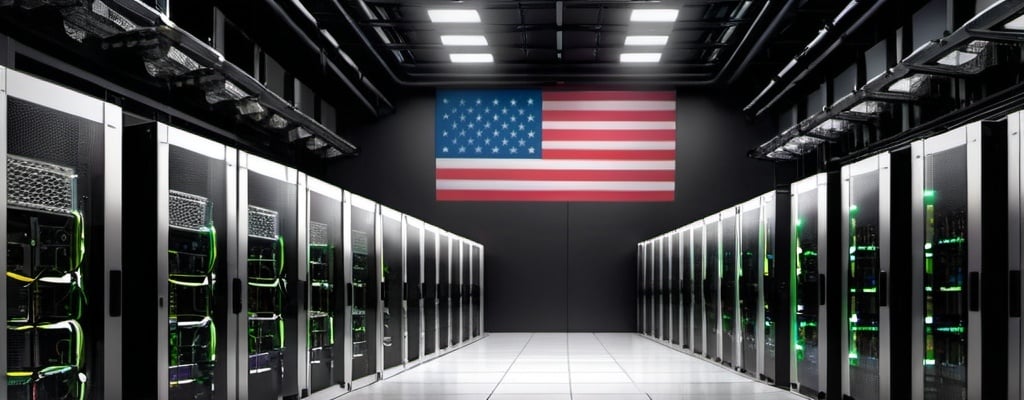 Prompt: Please create an image of the inside of a data center where TPUs and GPUs are working hard to power AI processes. Please show electricity moving in the space, so as to show action. Please also include an American flag. 