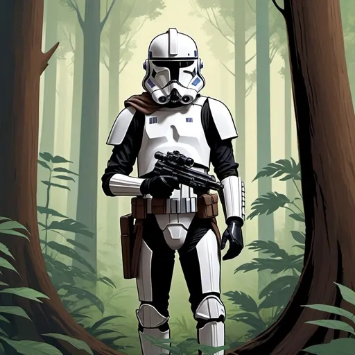 Prompt: A scout trooper with a dlt 19x (star wars) in a forest with a jawa behind him hidden behind a tree, all in cell shading style
