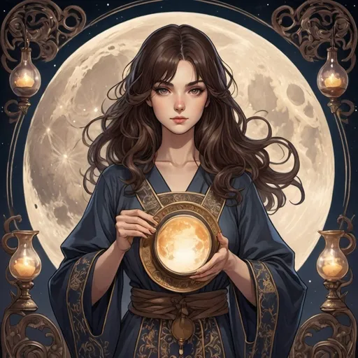 Prompt: tarot card Anime illustration, a beautiful brunette-haired woman, detailed ornate cloth robe, dramatic lighting, she is stiring a couldron, a fullmoon in the background