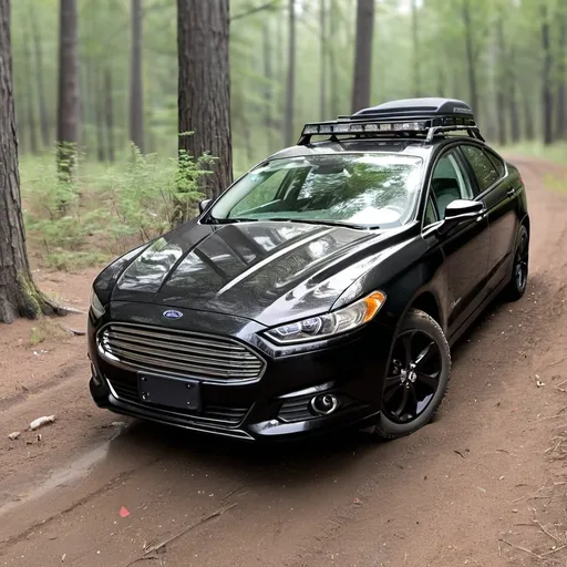 Prompt: A black 2014 Ford fusion prepared for offroad camping, Titanium trim With split rims, and spoiler