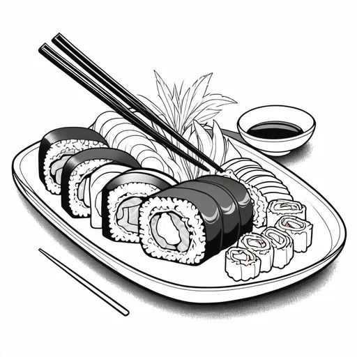 Prompt: A sushi dish as a black and white line drawing for coloring book