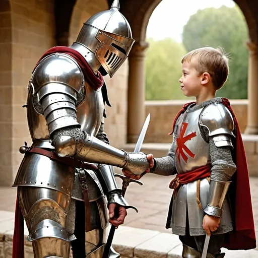 Prompt: Knight in shining armor annointing his son with a sword. The knight is pointing the sword towards his son’s bowed head