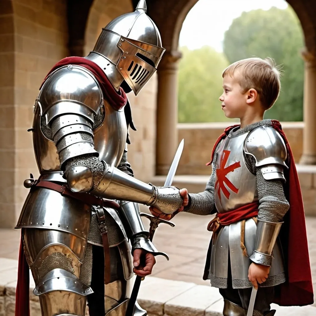 Prompt: Knight in shining armor annointing his son with a sword. The knight is pointing the sword towards his son’s bowed head