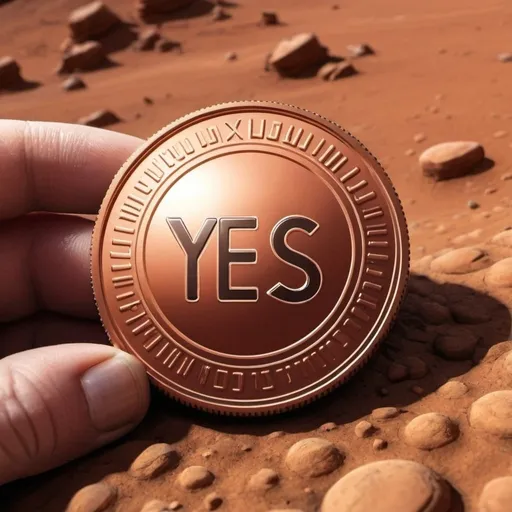 Prompt:   
The image of a virtual YES coin with the yes sign on it is located inside the planet Mars
