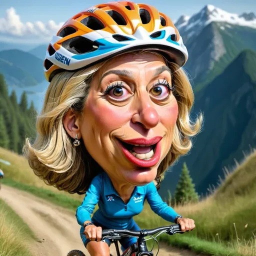 Prompt: cartoon painted caricature of Queen maxima on a mountainbike