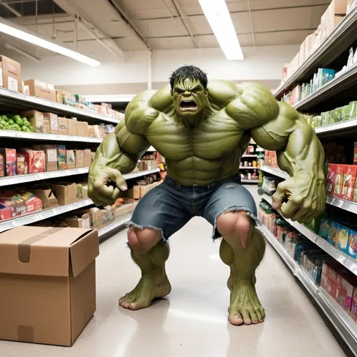 Prompt: Hulk smashing boxes In a grocery store