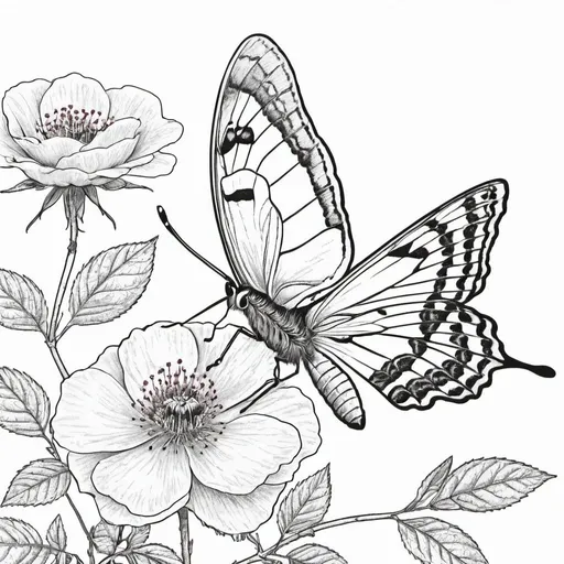 Prompt: a line drawing of a butterfly sitting on a wild rose