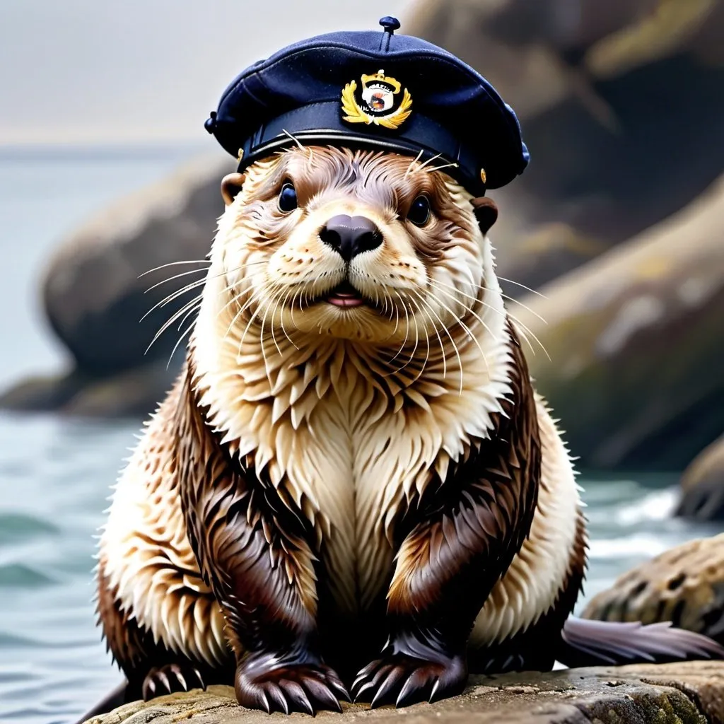 Prompt: sea otter, Bachi, high definition, ultra-realistic, realism style, tiny gob hat, professional illustration, navy cap, beret
