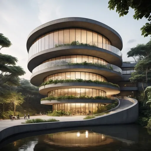 Prompt: A photorealistic image of a modern office building in an organic style, with sleek curved lines, inspired by the works of John Lautner. The building is elevated from the ground by two concrete pillars standing in a pond (approximately 10 meters high), which houses the stairs and access points to the floors above the pillars. The building stands on top of the pillars is made up out of 3 stories, each with an height of approximately 5 meters. The stories consists out of dark organically rounded concrete slabs which are connected by floor to ceiling glass windows in dark metal joinery. The concrete slabs protrude from the windows, creating balconies which are scattered with beautiful jungle-like plants. The building is lit from the inside with soft warm yellow light and glooms with exciting office live inside. The building itself is surrounded by lots of trees and plants, like an open spot in the woods.