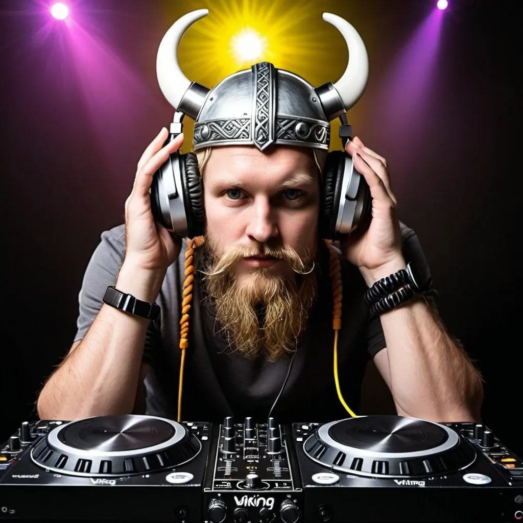 Prompt: VIKING WARRIOR DISCO PLAYING CDJ MIXER 
DJ HEAD PHONES
PARTY