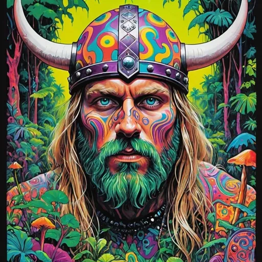 Prompt: psychedelic print viking, jungle, melting, concert poster, trick of the eye painting