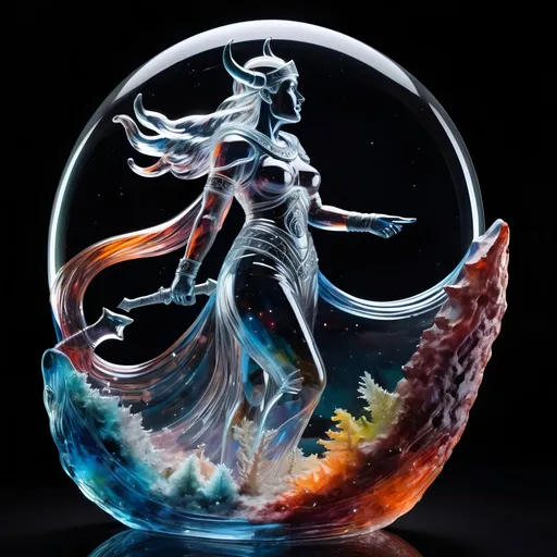 Prompt: A detailed and vibrant transparent glass sculpture of A viking woman in outerspace 